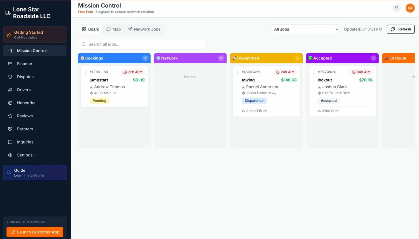 TowMarX dispatch kanban — bookings, dispatched, accepted, en route, on scene