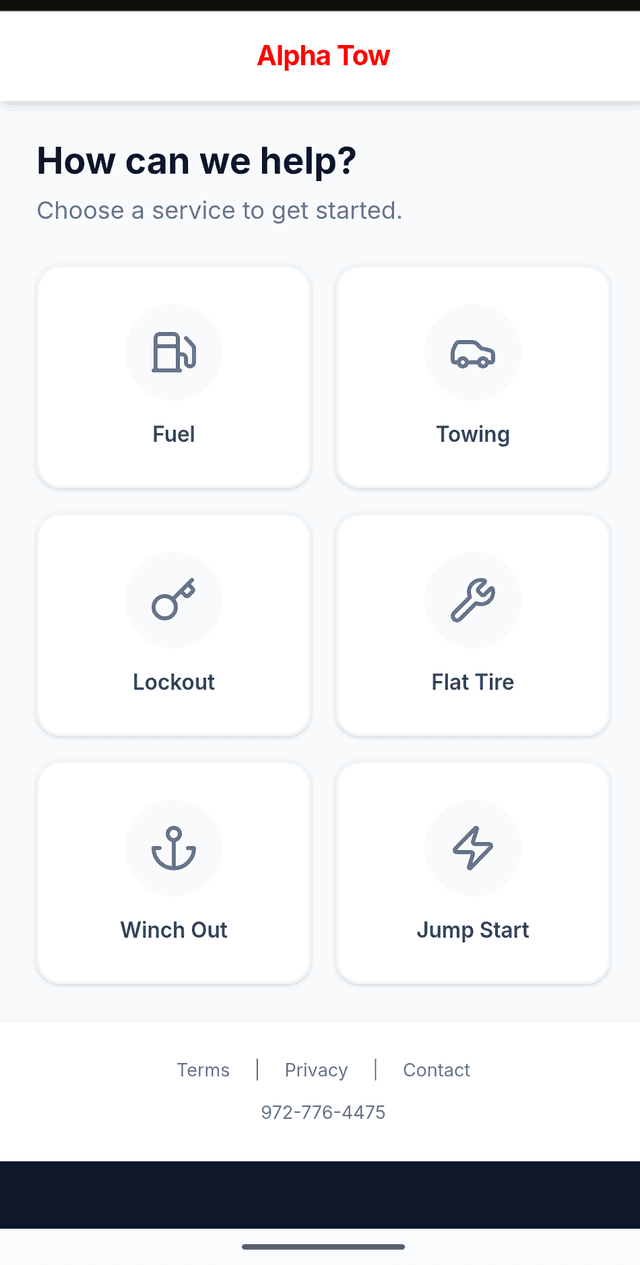 TowMarX online booking page for tow operators — customer service selection and location input