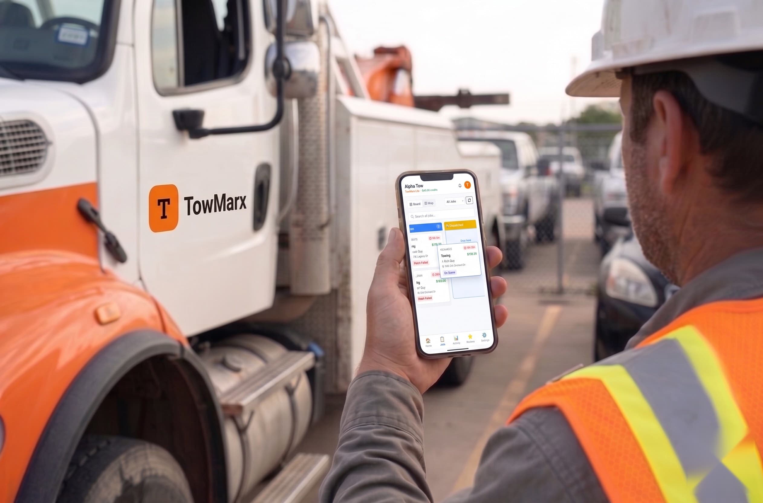 TowMarX dispatch dashboard showing every tow job, pricing, and driver status in one view