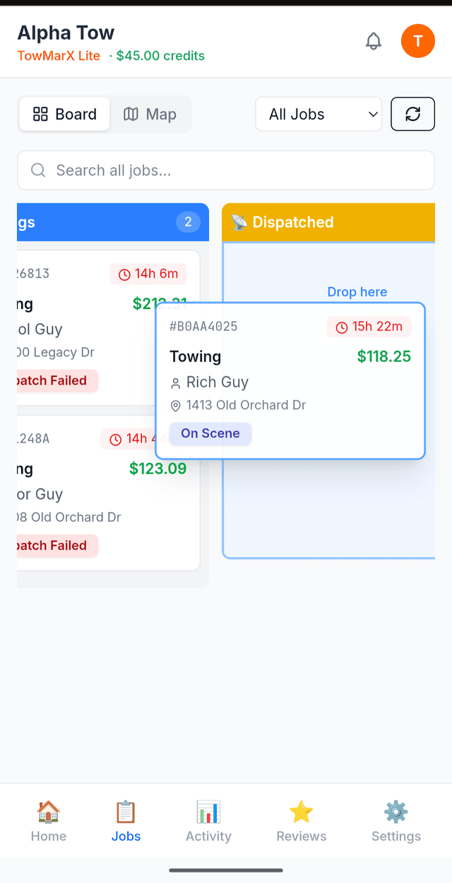 TowMarX dispatch job board with drag-and-drop kanban for bookings, dispatched, and completed jobs