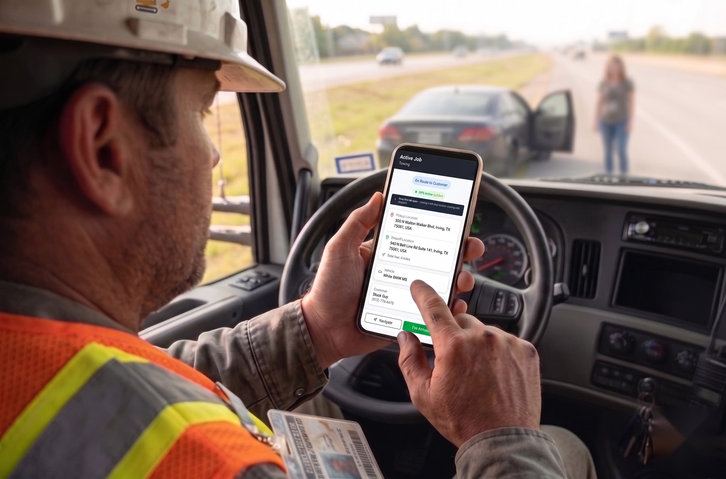 Tow truck driver mobile view with live GPS tracking and one-tap job acceptance