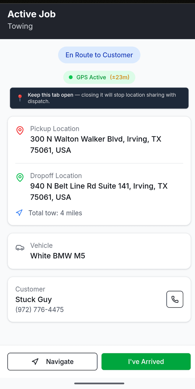 TowMarX driver mobile view — accept job, navigate to scene, document with photos