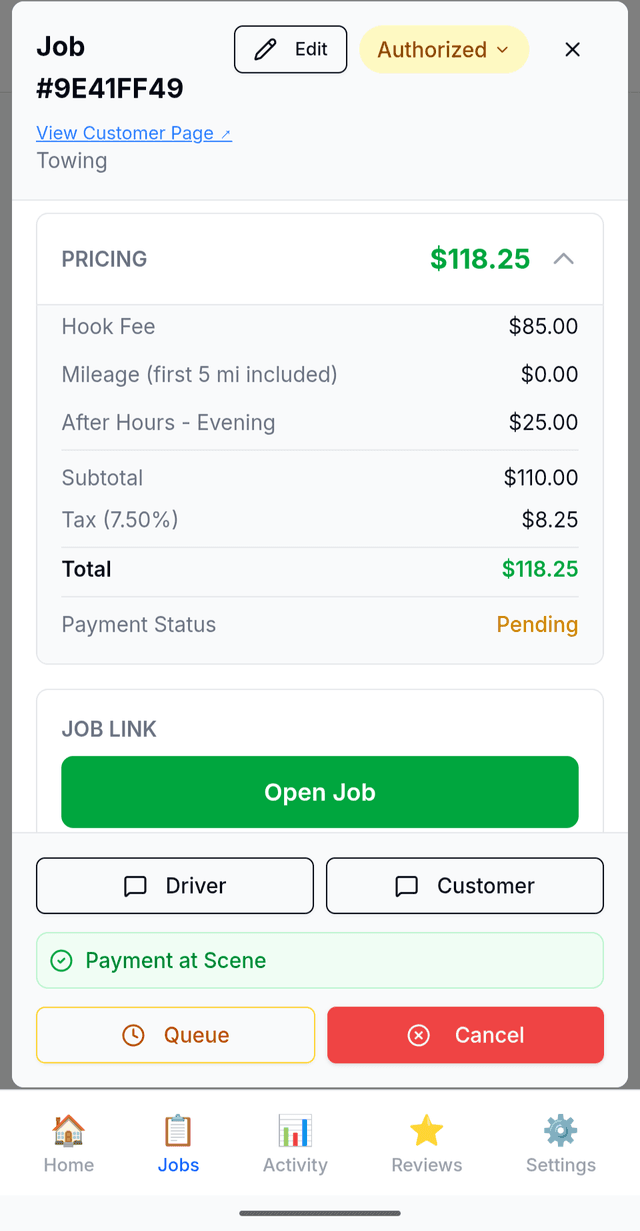 Tow job details page showing full pricing breakdown, customer info, and driver dispatch options